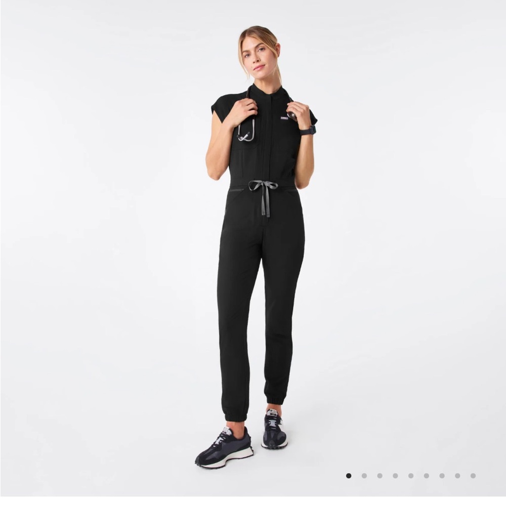 Figs Black Jumpsuit with Collared Neckline and Jogger Legs